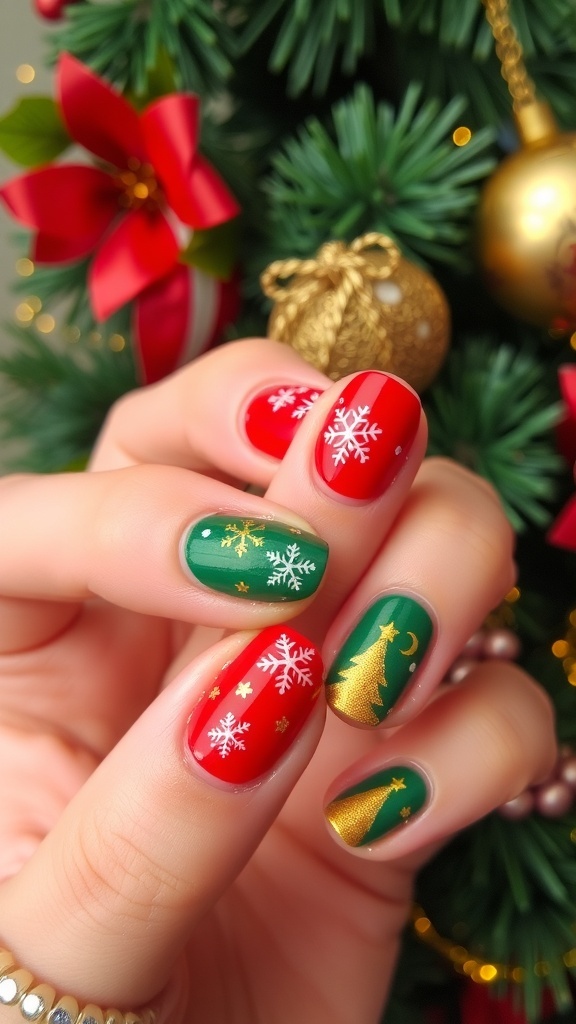 Close-up of Christmas nail art with red and green polish, snowflakes, and Christmas trees.